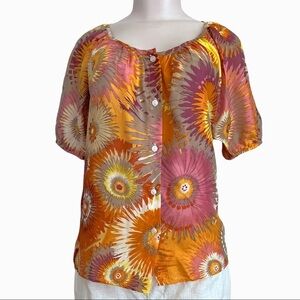 Liquid NY 100% Silk Sunflower Burst Graphic Button Blouse SZ S
